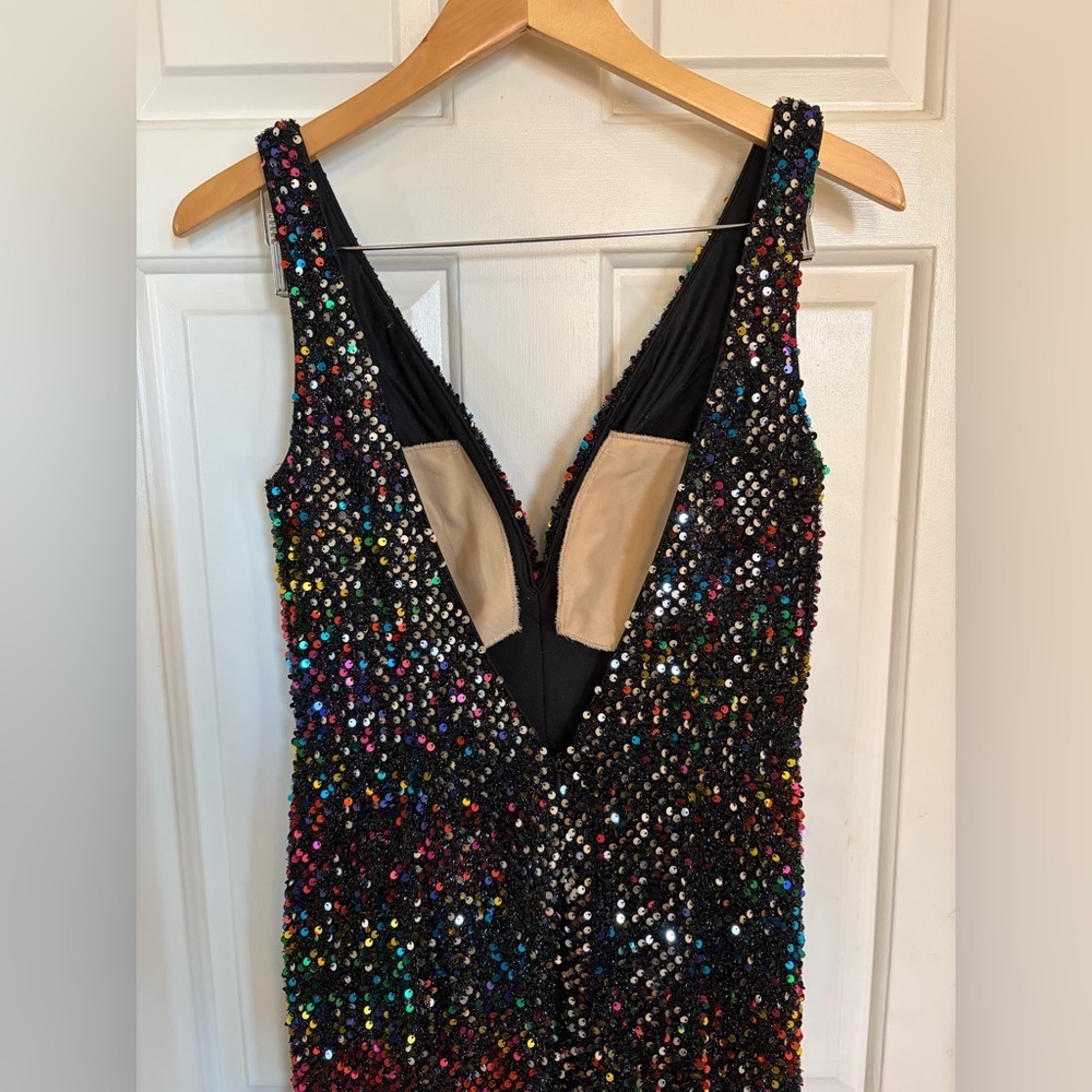 IEENA for Mac Duggal Black Multi Colored Sequin V Neck Maxi Dress 8 - Picture 9 of 14